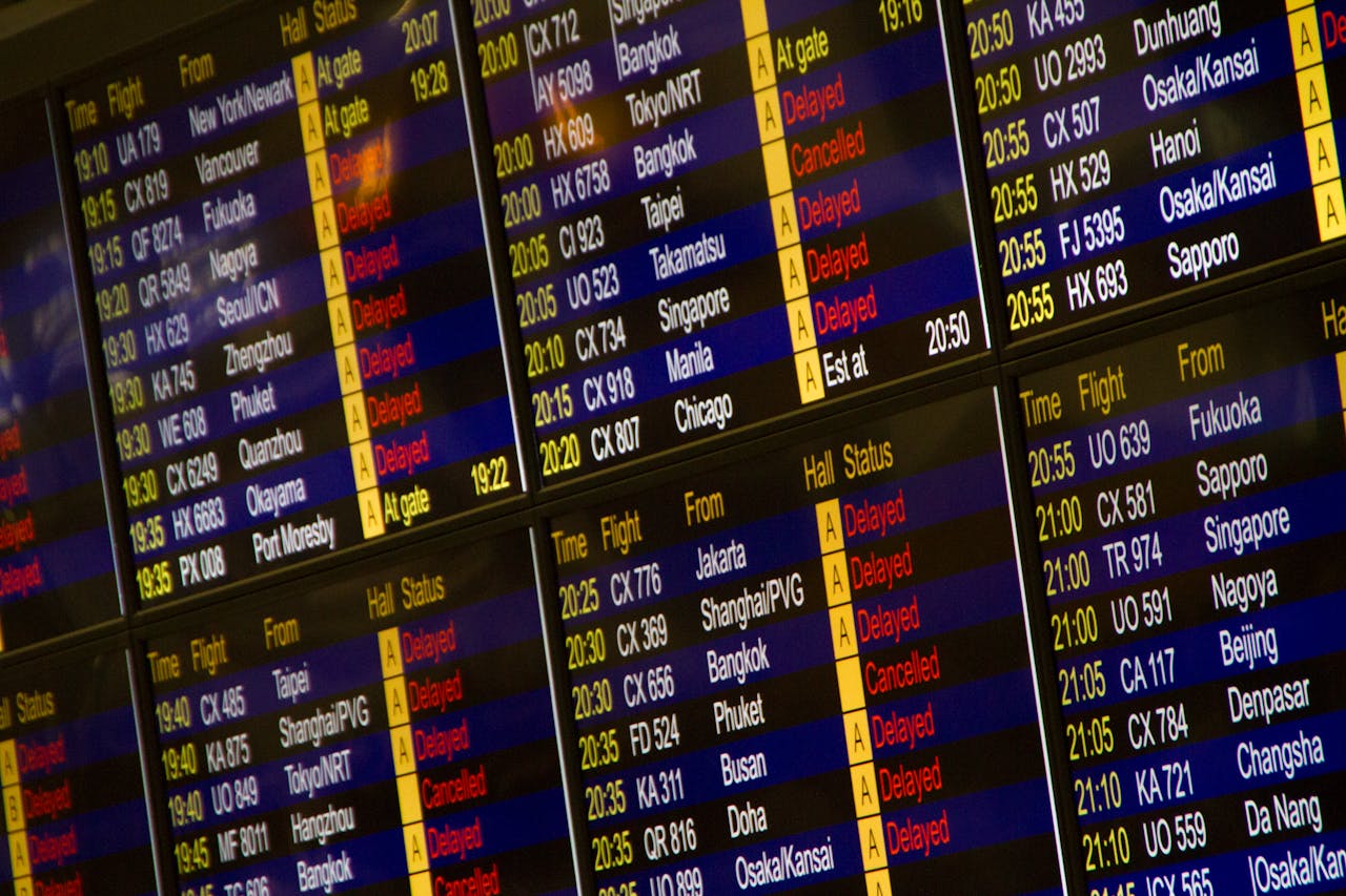 Close-up of digital flight information board showing arrivals and departures at an airport.